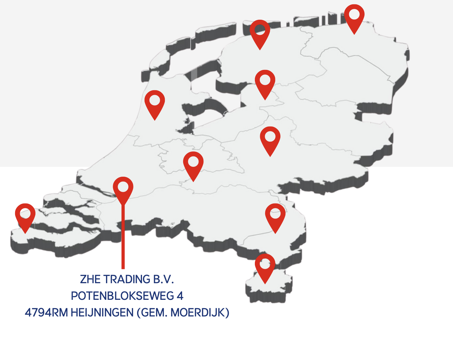 Karte mit Miet- und Servicestandorten von HeftruckHuren.com und ZHE Trading B.V. in den Niederlanden